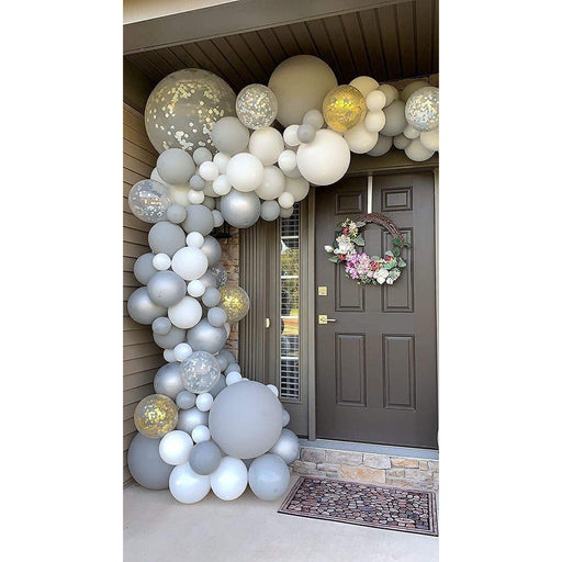 16-Foot DIY White and Gray Balloon Garland and Arch Kit with Giant Silver Confetti Balloons