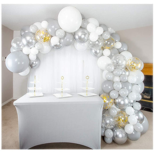 16-Foot DIY White and Gray Balloon Garland and Arch Kit with Silver and Gold Confetti Balloons