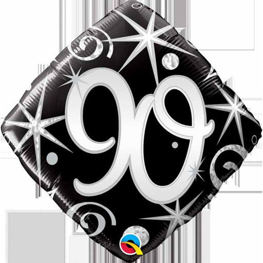 Stylish 18-inch 90th Birthday Elegant Sparkles & Swirls Foil Balloon in black and silver, adding a touch of sophistication to your milestone celebration