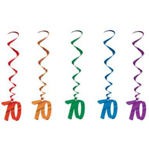 Vibrant Festivities Assorted 70th Birthday Dangling Whirls in Multicolor Splendor (5/Pk)