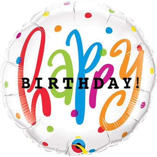 A whimsical and multicolored balloon adorned with a happy birthday message for an enchanting celebration.