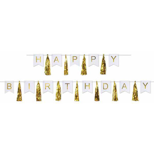 White and Gold Happy Birthday Tassel Streamer Elegant Party Wall Decoration (1/Pk)