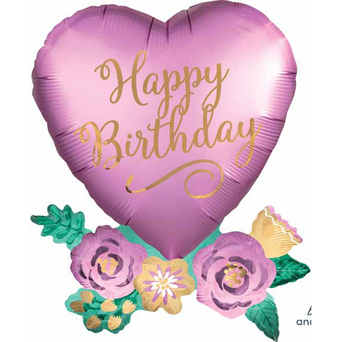 Hbd Heart Balloon With Flowers - 30 Inch Shape