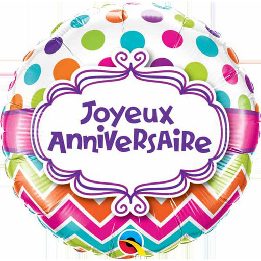 Joyeux Anniversaire Chevron Polka Dots 18" Round Balloon (5/Pk)
