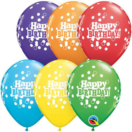 5-inch latex balloons in a bright rainbow assortment with birthday confetti dots, ideal for lively and intimate celebrations