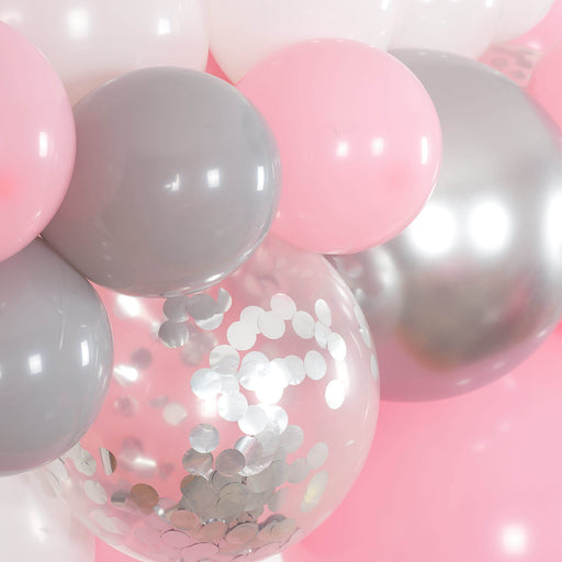 Bubblegum Pink, White, Gray and Silver Balloon Arch and Garland Kit (5, 10, 16 foot) - Shimmer & Confetti