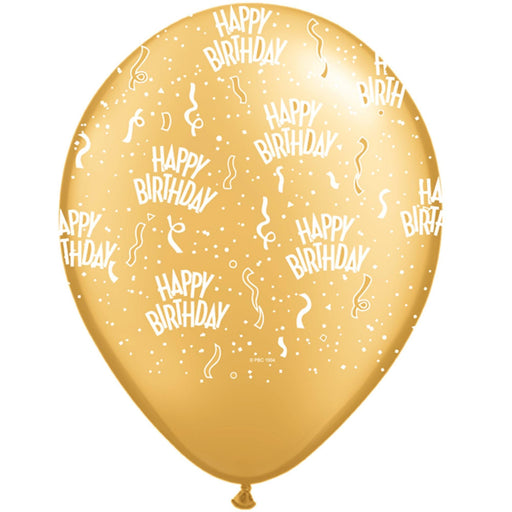 Qualatex 11" Latex Balloon All Around Happy Birthday Print in Gold (50/Pk)