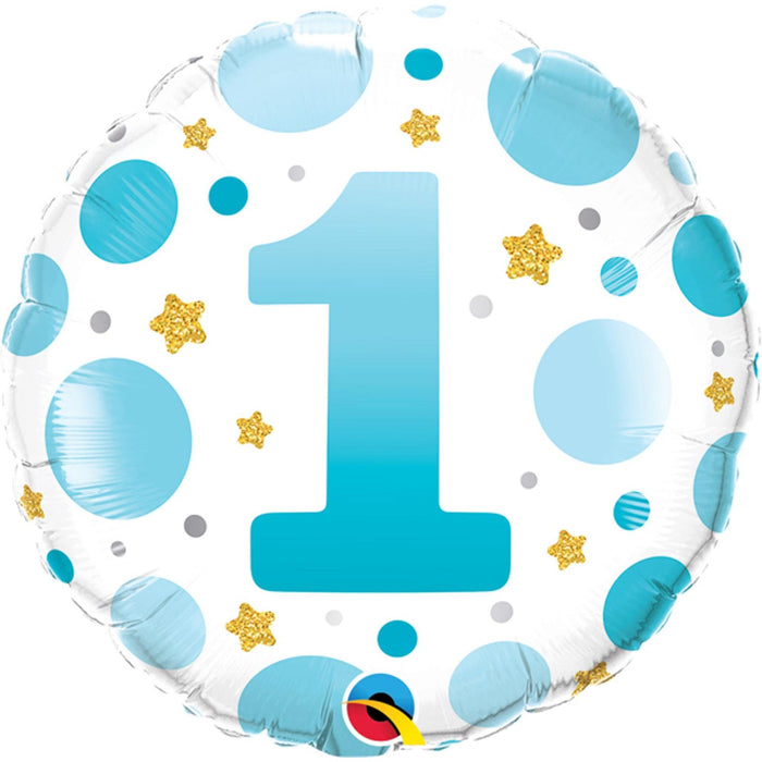 Age Number 1 Blue Dots Birthday Party 18" Round Foil Balloon (5/Pk)