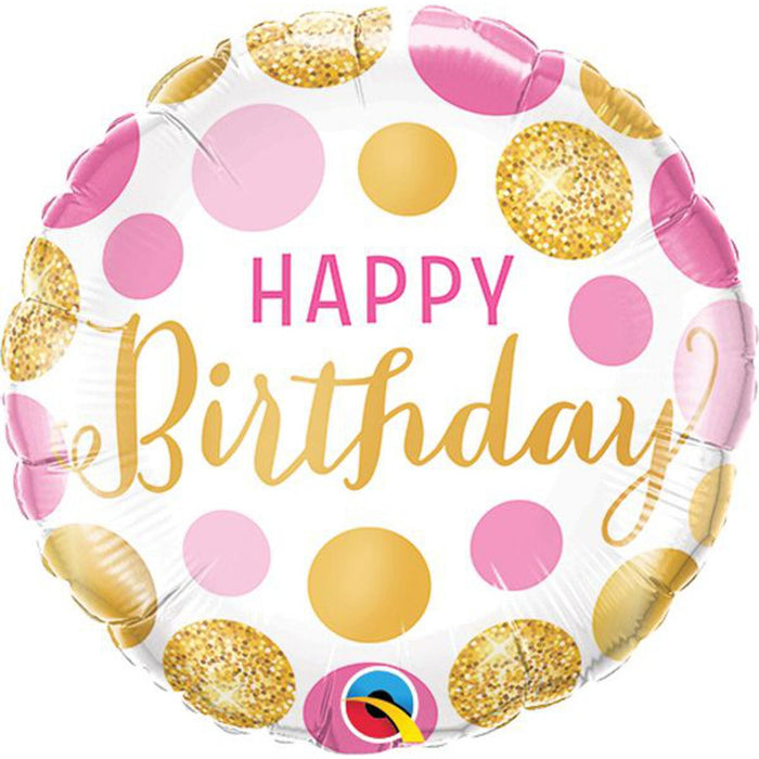Vibrant 9-inch round balloon with pink and gold dots, ideal for birthday celebrations.