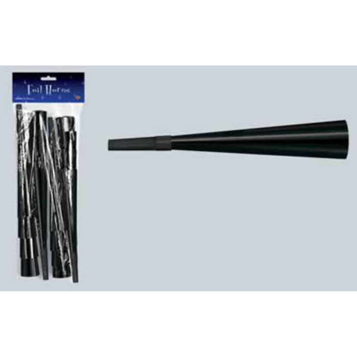 New Year Foil Horns - 9" Black (15/Pkg)
