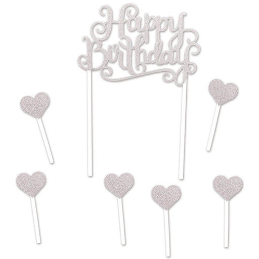Happy Birthday Cake Topper Elegant Silver Accent (3/Pk)