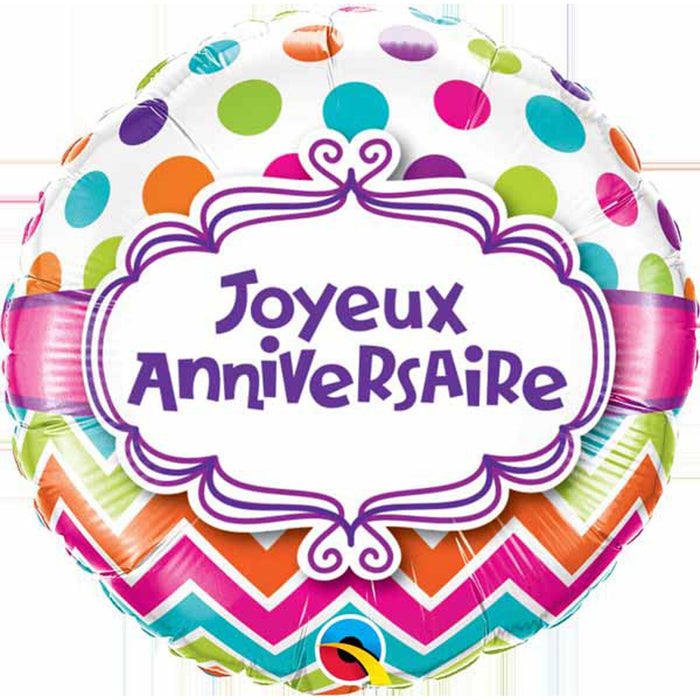 Joyeux Anniversaire Chevron Polka Dots 18" Round Balloon (5/Pk)