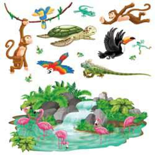 Tropical Jungle Fiesta Multicolor Scene Setter Props for Insta-Theme Party Decorations (13/Pk)